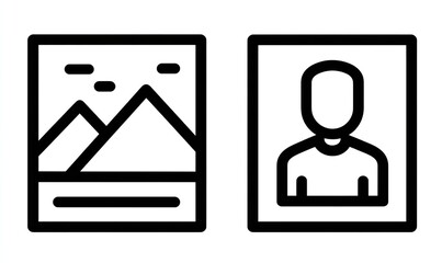 Simple vector icon of two images, one landscape and the other portrait, on a white background, with black line art and no color, and a flat design style, Generative AI.