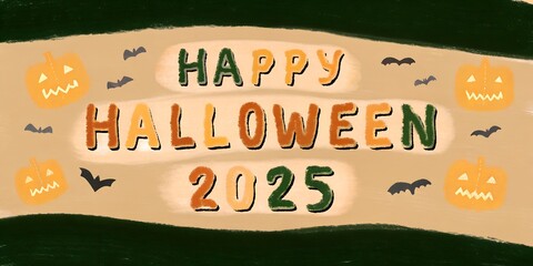 Festive halloween 2025 banner with pumpkins and bats in autumn colors