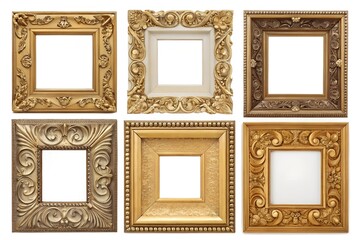 Collection of six ornate antique picture frames isolated on white background