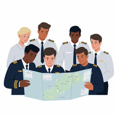 Diverse Airline Pilots and Crew Collaborating on Flight Planning and Navigation, Reviewing a Map Together