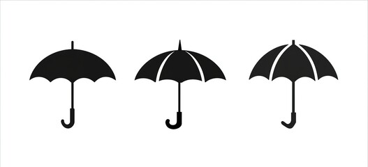 Three icons of umbrellas in different styles: simple line art, vector style, on a white background with black lines, Generative AI.