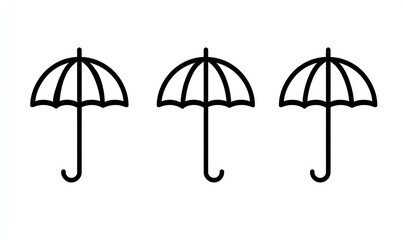 Three icons of umbrellas in different styles: simple line art, vector style, on a white background with black lines, Generative AI.