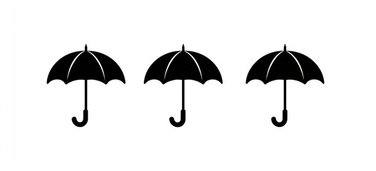 Three icons of umbrellas in different styles: simple line art, vector style, on a white background with black lines, Generative AI.