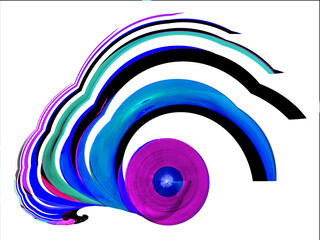 On a white background, multi-colored curved lines radiate from a specific location on the disk. Graphic design element. 3D rendering. 3D illustration.