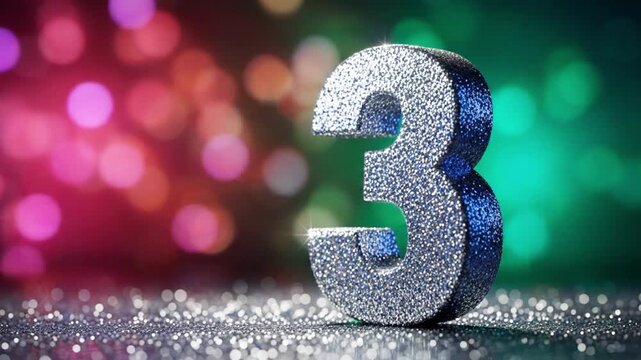A large, sparkling silver number three stands prominently against a blurred background of blue and red bokeh lights