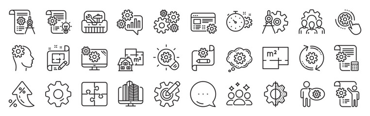 Engineering line icons. Settings gear, Message, Inflation icons. Set of Idea bulb, Dividers tools and Blueprint linear icons. Cogwheel, calculate price, mechanical tools. Vector