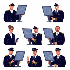 Various maritime officers and captains managing ship navigation and operations with radar screens, in a collection of flat illustrations. © Maya