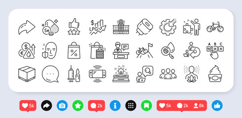 Charging adapter, Delegate work and Delivery box line icons pack. Social media: share, comment, like icons. Shopping bags, Rise price, Seo gear web icon. Vector
