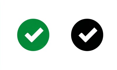 Vector icon of a checkmark in a green circle and a black circle, on a white background. Simple, flat vector design with minimalistic shapes, Generative AI.