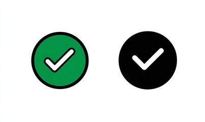 Vector icon of a checkmark in a green circle and a black circle, on a white background. Simple, flat vector design with minimalistic shapes, Generative AI.