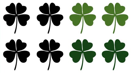 Vector Set of Four-Leaf Clover Icons in Green and Black for St. Patrick’s Day, Flat Design, Generative AI.