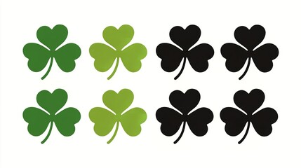 Vector Set of Four-Leaf Clover Icons in Green and Black for St. Patrick’s Day, Flat Design, Generative AI.
