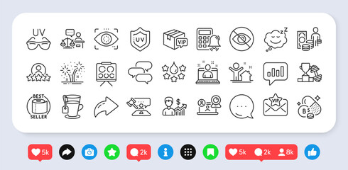 Vip parcel, Tea and Eye detect line icons pack. Social media: share, comment, like icons. Court judge, Quality, Human rating web icon. Pantothenic acid, Video conference, Sunglasses pictogram. Vector