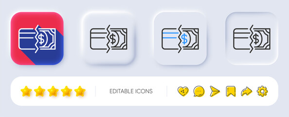Credit card or cash line icon. Neumorphic, Flat shadow, 3d buttons. Payment methods sign. Line payment methods icon. Social media icons. Vector