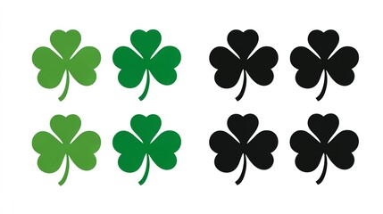 Vector Set of Four-Leaf Clover Icons in Green and Black for St. Patrick’s Day, Flat Design, Generative AI.