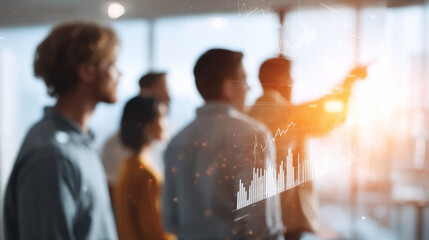 A diverse team looks toward a leader pointing at data visualizations. Represents collaboration, strategy, progress, and future growth in a modern workplace setting.