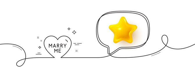 Marry me line icon. Continuous line with 3d star. Sweet heart sign. Wedding love symbol. 3d star in speech bubble. Marry me single line ribbon. Loop curve pattern. Vector