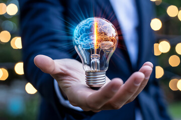 closeup businessman with light bulb in hand
