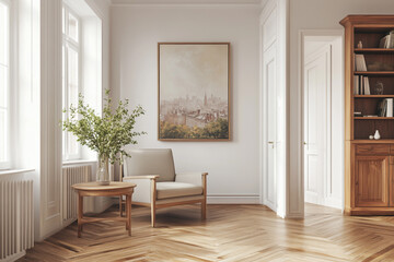 Fototapeta premium Interior design, living room, modern home decor, beige chair, wooden floor