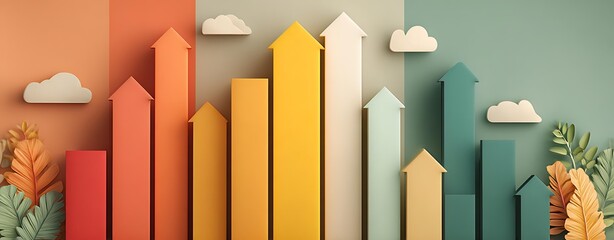 modern abstract business graph in pastel tones with rising bars and arrows, 3D paper cut effect and soft depth shadows, concept of growth and success Business and Productivity Wellness and Lifestyle