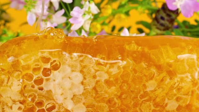 Streams of golden honey drip and pour onto honeycombs against a yellow background of summer wildflowers. Close-up of wax honeycombs. Shooting macro. Healthy eating concept.