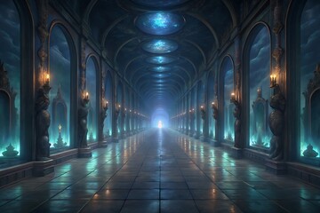 Fototapeta premium Mysterious ancient stone hallway illuminated by ethereal blue light and flickering torches creating a dramatic atmosphere