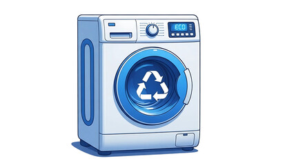 White washing machine with a blue door displaying a recycling symbol, symbolizing eco-friendly laundry practices.