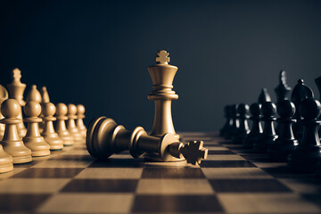 Chess game with fallen king symbolizing defeat and victory