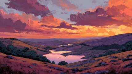 Naklejka premium Orange and Pink Sunset Over a Valley Between Hills and Lake