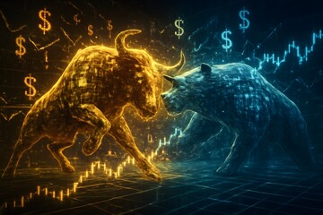 Golden Bull and Silver Bear Locked in Surreal Clash Amid Stock Charts, Crypto Symbols, and Floating Currency Icons — Fintech Art