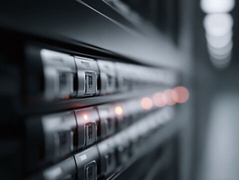 Server room detail. Modern data center hardware featuring blinking lights. Good for illustrating technology, networking, computing, data,  information.