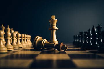 Chess game with fallen king symbolizing defeat and victory