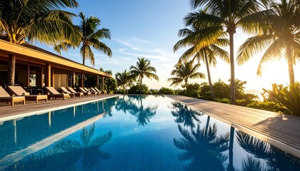 Tranquil poolside scene at sunrise, reflecting palm trees and a luxury villa
