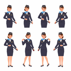 Flight attendant demonstrating airplane seat belt safety procedure. Air hostess shows how to fasten and unfasten seatbelt, isolated on white background.