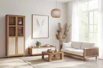 Cozy living room with natural wood furniture and soft lighting