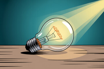Glowing light bulb illuminated by a spotlight on a wooden surface