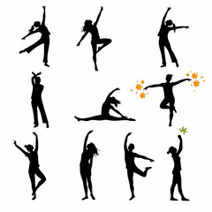 Diverse Silhouettes of People in Dynamic and Expressive Poses, Symbolizing Freedom, Dance, and Well-being against a White Background