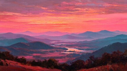 Obraz premium Orange and Pink Sunset Over a Valley Between Hills and Lake