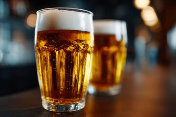 Two glasses of beer with white frothy heads sit on a brown surface with a blurry background of lights and dark tones