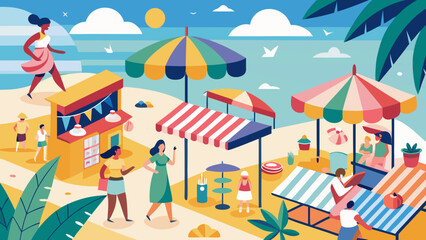 A vibrant summer sale scene featuring a female vendor and a customer under a colorful umbrella.