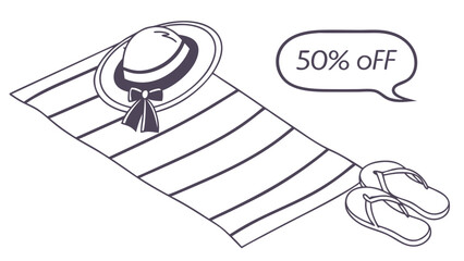 Relaxed summer vibe with a beach towel and flip-flops featuring a discount sign.
