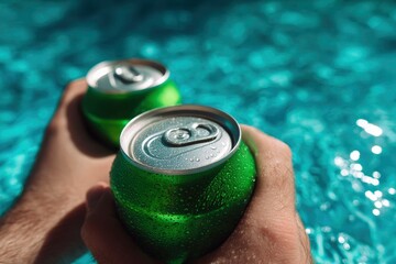 Two green drink cans wet are held over blue pool water closeup