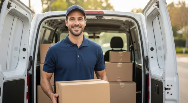 Delivery driver holding cardboard box with van and packages
