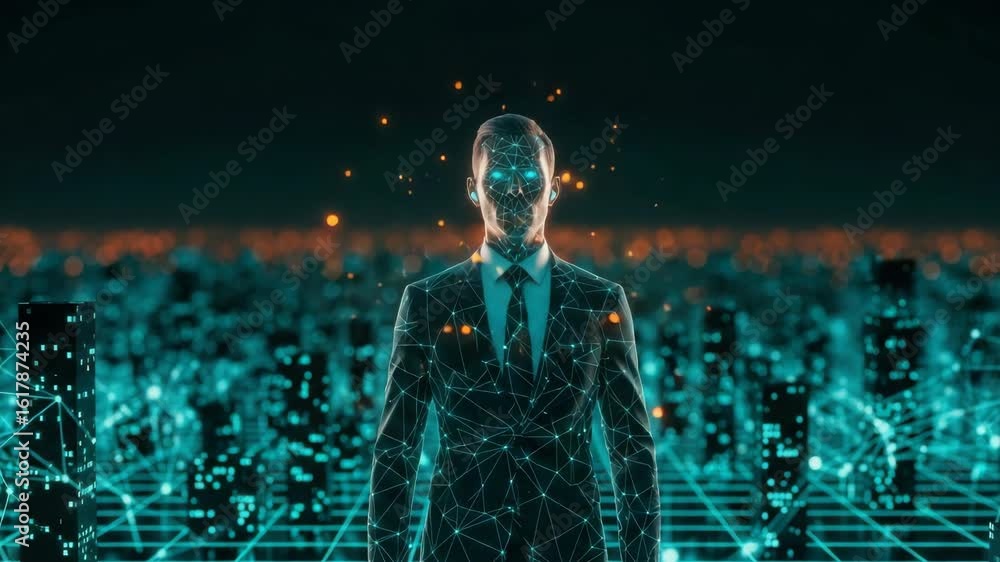 Poster a futuristic business professional stands amidst a digital landscape filled with glowing data points