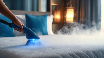 Person uses steam cleaner with UV light on mattress, emitting visible steam in cozy bedroom setting