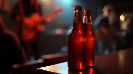 Two red bottles stand on a bar with blurred figures and instruments in the background