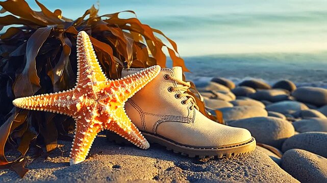 A close-up of a beige boot beside a starfish on a rocky beach at sunset with seaweed