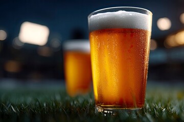 Two pints of golden beer with foamy heads sit on green grass The background is blurred showing a stadium