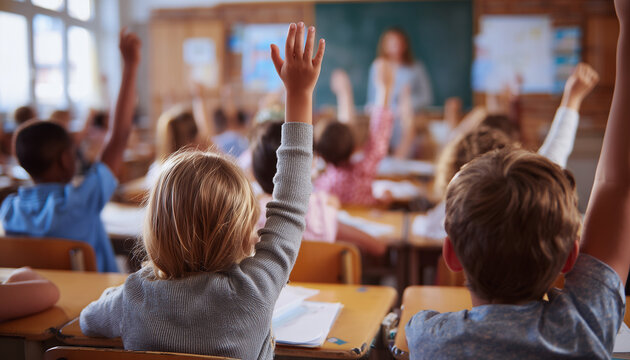 Children seated at desks with hands raised eagerly in a classroom, students participating, answering questions, attentive and curious, rows of chairs, engaged pupils volunteering with upward arms.