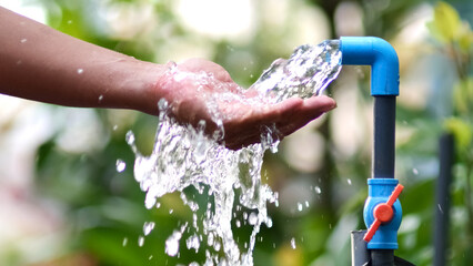 Embracing the Essence of Fresh Water: A hand gracefully cups the pristine flow of water from a tap,...